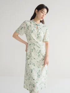 DUSHU New Chinese Style Stand Collar Women Cheongsam Dress Printed Design Female Summer Long A LINE