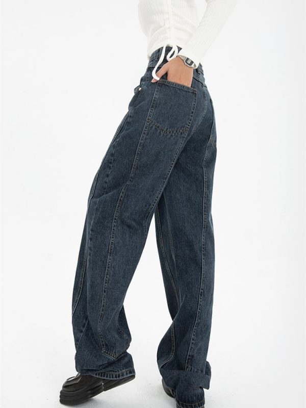 Dark Blue Womens Jeans High Waist Vintage Straight Baggy Denim Pants Streetwear American Style Fashion Wide