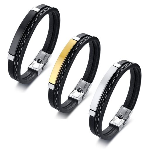 Delysia King 2021 Trendy Men Leatherwear Weave Bracelet Leisure Color Contrast Stainless Steel Bangle 1