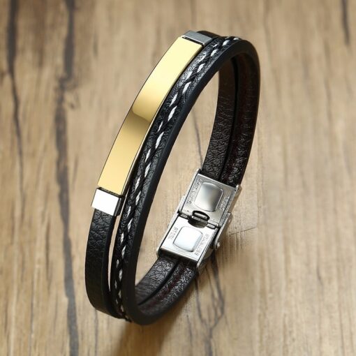 Delysia King 2021 Trendy Men Leatherwear Weave Bracelet Leisure Color Contrast Stainless Steel Bangle 3