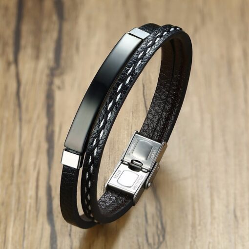 Delysia King 2021 Trendy Men Leatherwear Weave Bracelet Leisure Color Contrast Stainless Steel Bangle 4