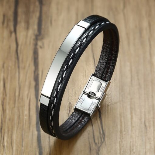 Delysia King 2021 Trendy Men Leatherwear Weave Bracelet Leisure Color Contrast Stainless Steel Bangle 5