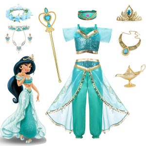 Disney Jasmine Princess Dress of Birthday Party Carnival Cosplay Aladdin agic Lamp Girls Costume Top+Pants+Headband Clothing Set