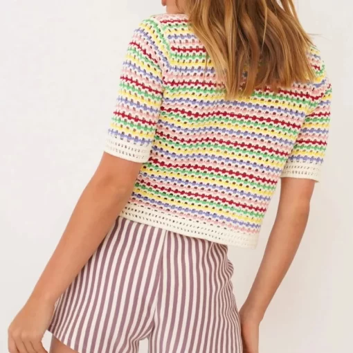 Dourbesty 90s Rainbow Hollow Out Knitwear Women See through Striped T Shirts Summer Boho Beach Style 1