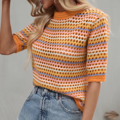 Dourbesty 90s Rainbow Hollow Out Knitwear Women See through Striped T Shirts Summer Boho Beach Style 4