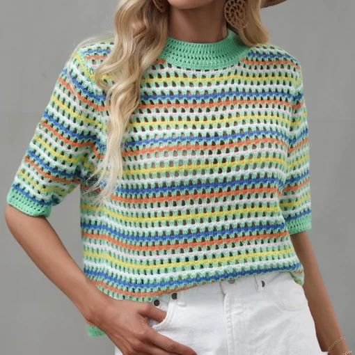 Dourbesty 90s Rainbow Hollow Out Knitwear Women See through Striped T Shirts Summer Boho Beach Style 5