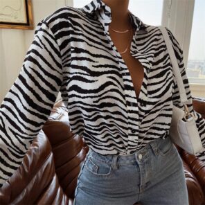 Dourbesty Fashion Women s Shirts Button Down Lapel Abstract Zebra Print Long Sleeve Loose Shirt Femme