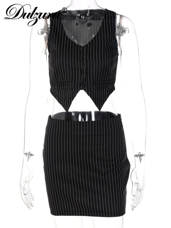Dulzura Stripe Print Women 2 Pieces Irregular V Neck Vest Mini Skirt Set Streetwear Fashion Crop 5