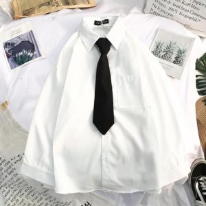 EBAIHUI Men s White Shirts with Tie Set Preppy Uniform DK Loose Long Sleeve Shirt Couple 4.jpg 640x640 4