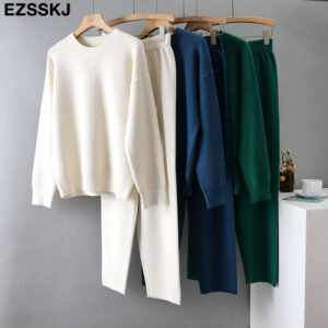 EZSSKJ Pieces sweater Set Women Tracksuit o neck Sweater loose Trousers CHIC Pullover Sweater Knitted