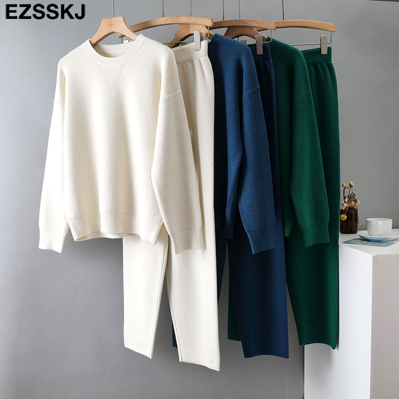 EZSSKJ 2 Pieces sweater Set Women Tracksuit o neck Sweater loose Trousers CHIC Pullover Sweater Knitted 5