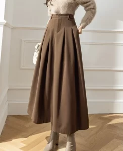 Elegant Women Woolen Skirts For Female Pockets Office Ladies Casual Loose A Line High Waist Midi