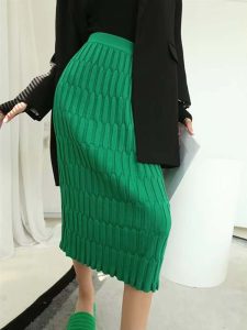 Elegant Women s Skirts Korean Fashion Autumn Solid Color Knitted Midi Skirt New Black High Waist