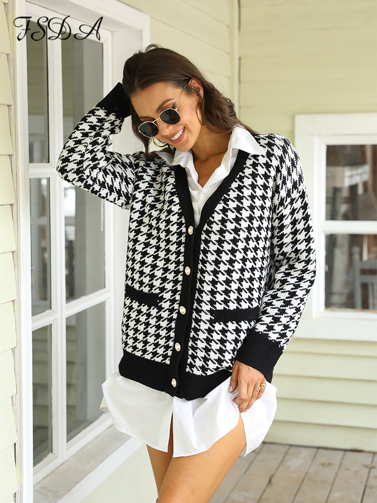 FSDA V Neck Women Button Black Houndstooth Cardigan 2020 Long Sleeve Sweater Autumn Winter Knitted Loose 2