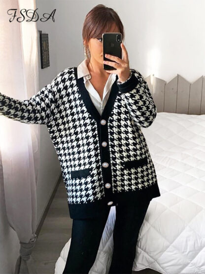 FSDA V Neck Women Button Black Houndstooth Cardigan Long Sleeve Sweater Autumn Winter Knitted Loose