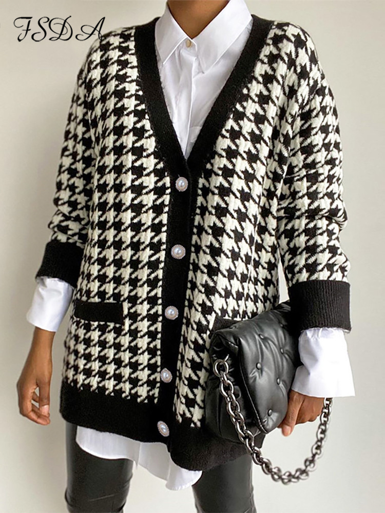 FSDA V Neck Women Button Black Houndstooth Cardigan 2020 Long Sleeve Sweater Autumn Winter Knitted Loose