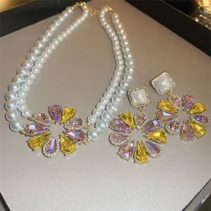 FYUAN Korean Style Pearl Jewelry Set | Sweet Sunflower Crystal Earrings