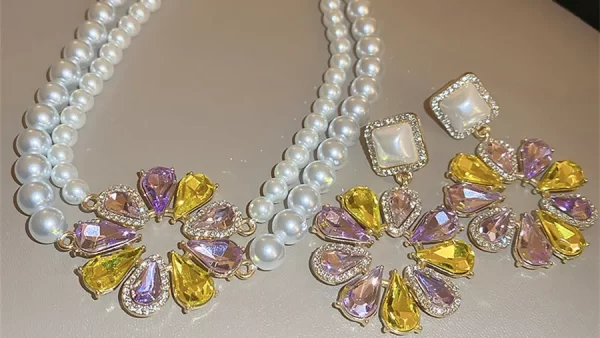 FYUAN Korean Style Pearl Necklace Earrings For Women Sweet Sunflower Crystal Earrings Weddings Banquet Jewelry Sets