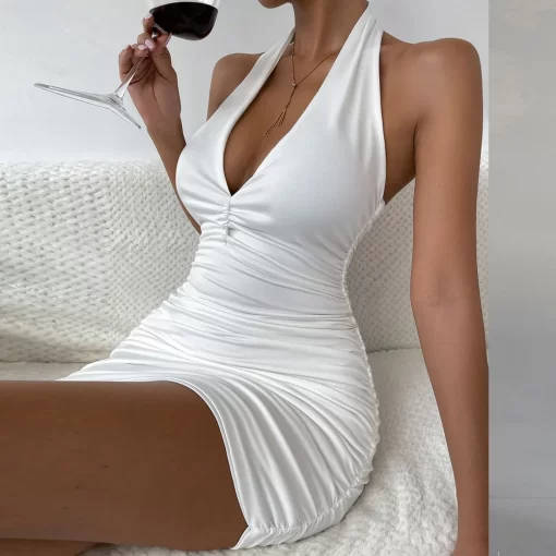 Fairyshely Sexy Ruffle V Deep Evening Party Dress 2023 Summer Short White Halter Dresses Women Tight 4