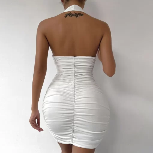 Fairyshely Sexy Ruffle V Deep Evening Party Dress 2023 Summer Short White Halter Dresses Women Tight 5