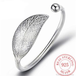 Fashion 925 Sterling Silver Woman Cuff Bracelet Open Leaf Shaped Adjustable Charm Bangle Girls Party Jewelry
