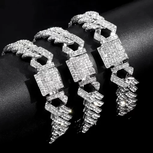 Fashion Bling Paved Rhinestone Prong Cuban Chain Bracelet for Women Men Hip Hop Iced Out Chunky 2