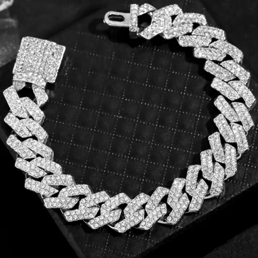 Fashion Bling Paved Rhinestone Prong Cuban Chain Bracelet for Women Men Hip Hop Iced Out Chunky 3