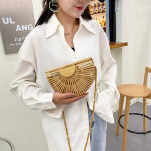 Fashion Half Moon Wooden Shoulder Crossbody Bags for Women Bamboo Woven Summer Beach Straw Bag Rattan