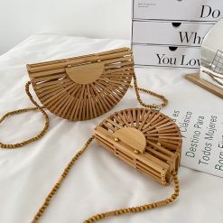 Fashion Half Moon Wooden Shoulder Crossbody Bags for Women Bamboo Woven Summer Beach Straw Bag Rattan