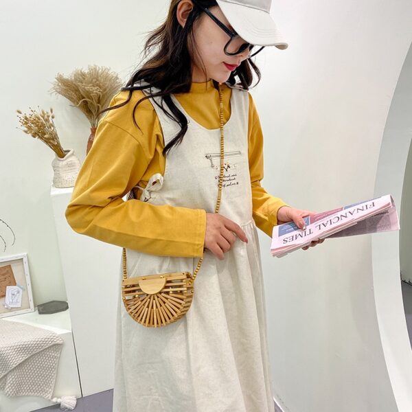 Fashion Half Moon Wooden Shoulder Crossbody Bags for Women Bamboo Woven Summer Beach Straw Bag Rattan 3