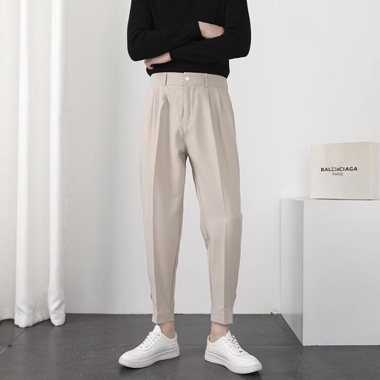 Fashion Men Casual Pants Elastic Waist Small Feet Slim Korean Style Pleated Tapered Male Blazer Pants 2