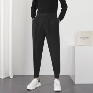 Fashion Men Casual Pants Elastic Waist Small Feet Slim Korean Style Pleated Tapered Male Blazer Pants 3