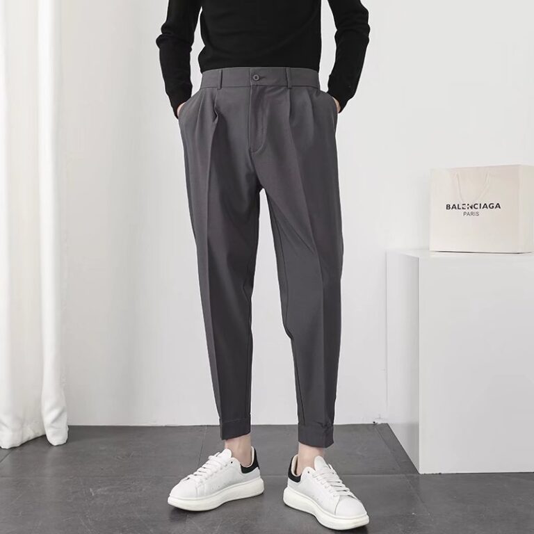 Fashion Men Casual Pants Elastic Waist Small Feet Slim Korean Style Pleated Tapered Male Blazer Pants