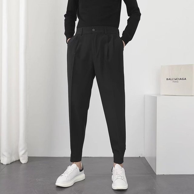 Fashion Men Casual Pants Elastic Waist Small Feet Slim Korean Style Pleated Tapered Male Blazer Pants.jpg 640x640