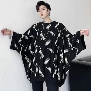 Fashion O Neck Loose Printed Batwing Sleeve T Shirts Men s Clothing 2024 Spring New Oversized