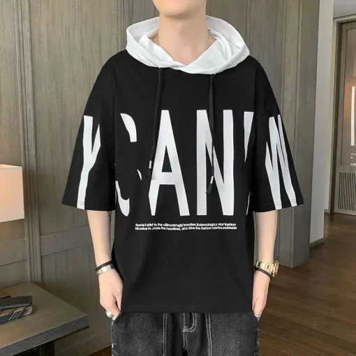 Fashion O Neck Loose Printed Letter Hooded T Shirts Men s Clothing 2024 Spring Summer New 1