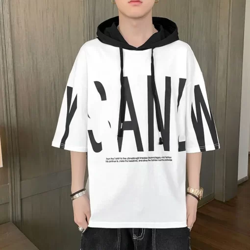 Fashion O Neck Loose Printed Letter Hooded T Shirts Men s Clothing 2024 Spring Summer New 2