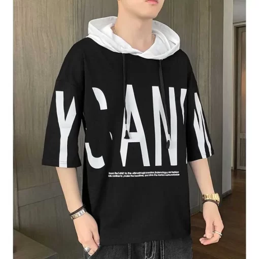 Fashion O Neck Loose Printed Letter Hooded T Shirts Men s Clothing 2024 Spring Summer New 3