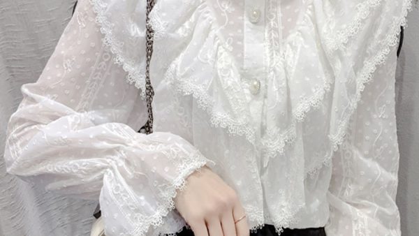 Fashion Ruffle Stitching Elegant Lace Blouse Long Sleeve Loose Chiffon Shirts Korean Style Stand Collar Pleated