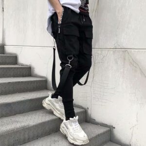 Fashion Slim fit Pants Men Streetwear Ribbon Harajuku Black Cargo Pants for Men Casual Techwear Jogging 1