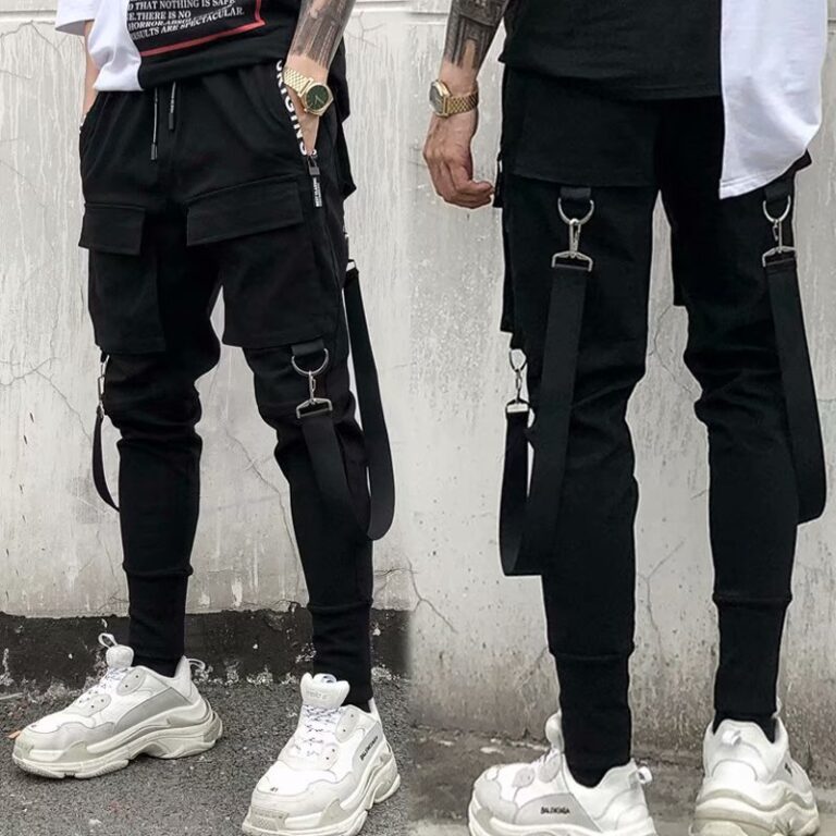 Fashion Slim fit Pants Men Streetwear Ribbon Harajuku Black Cargo Pants for Men Casual Techwear Jogging 2