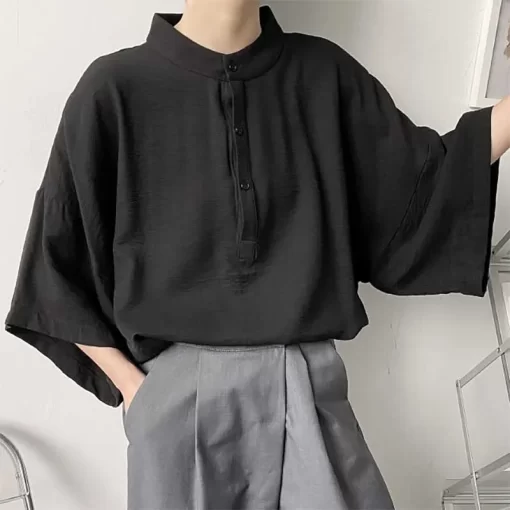 Fashion Stand Collar Button Casual Batwing Sleeve Shirts Men s Clothing 2024 Summer New Loose All