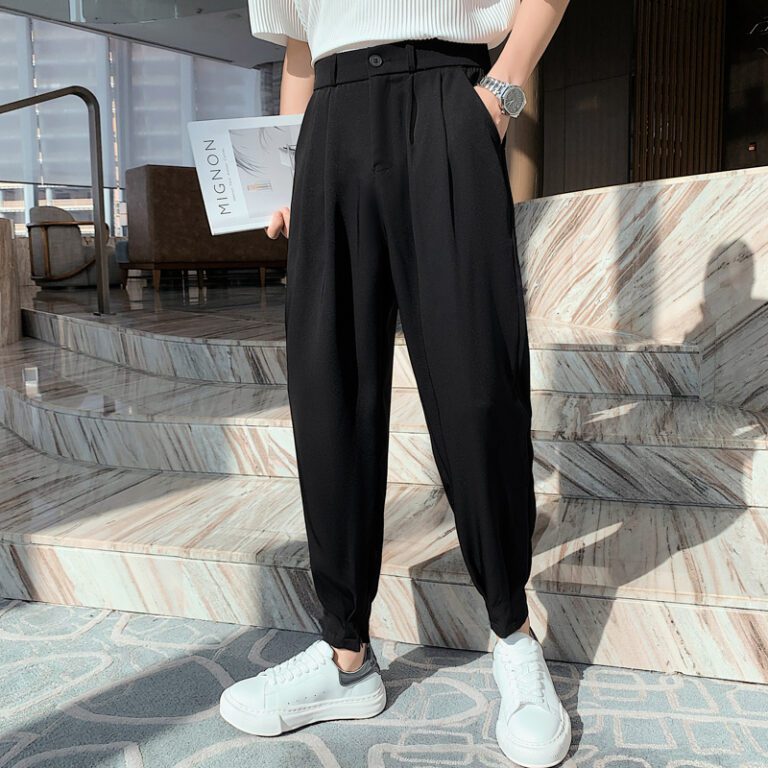 Fashion Summer Pants Men Thin Solid Ankle Length Tapered Trousers Korean Style White Khaki Black Elastic 1