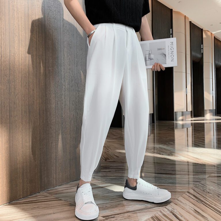 Fashion Summer Pants Men Thin Solid Ankle Length Tapered Trousers Korean Style White Khaki Black Elastic 2