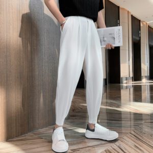 Fashion Summer Pants Men Thin Solid Ankle Length Tapered Trousers Korean Style White Khaki Black Elastic 2.jpg 640x640 2