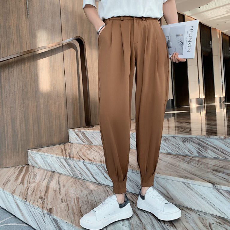 Fashion Summer Pants Men Thin Solid Ankle Length Tapered Trousers Korean Style White Khaki Black Elastic 3