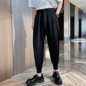 Fashion Summer Pants Men Thin Solid Ankle Length Tapered Trousers Korean Style White Khaki Black Elastic 4