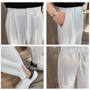Fashion Summer Pants Men Thin Solid Ankle Length Tapered Trousers Korean Style White Khaki Black Elastic 5
