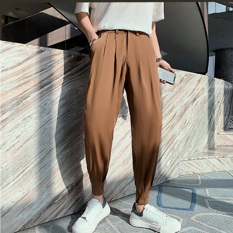 Fashion Summer Pants Men Thin Solid Ankle Length Tapered Trousers Korean Style White Khaki Black Elastic