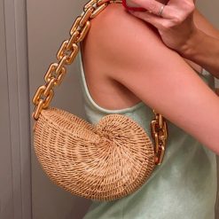 Fashion Thick Chains Rattan Conch Women Shoulder Bags Design Wicker Woven Handbags Luxury Summer Beach Straw